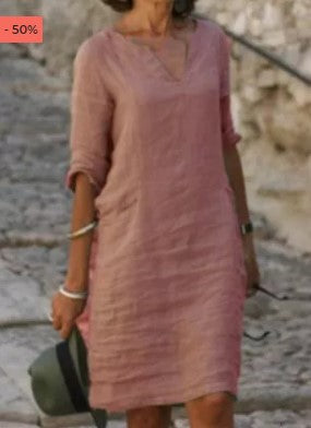 Split Neck Short Sleeve Pocket Shift Midi Dress 19