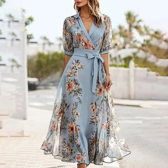 Floral Chiffon Collared Wrap Maxi Dress