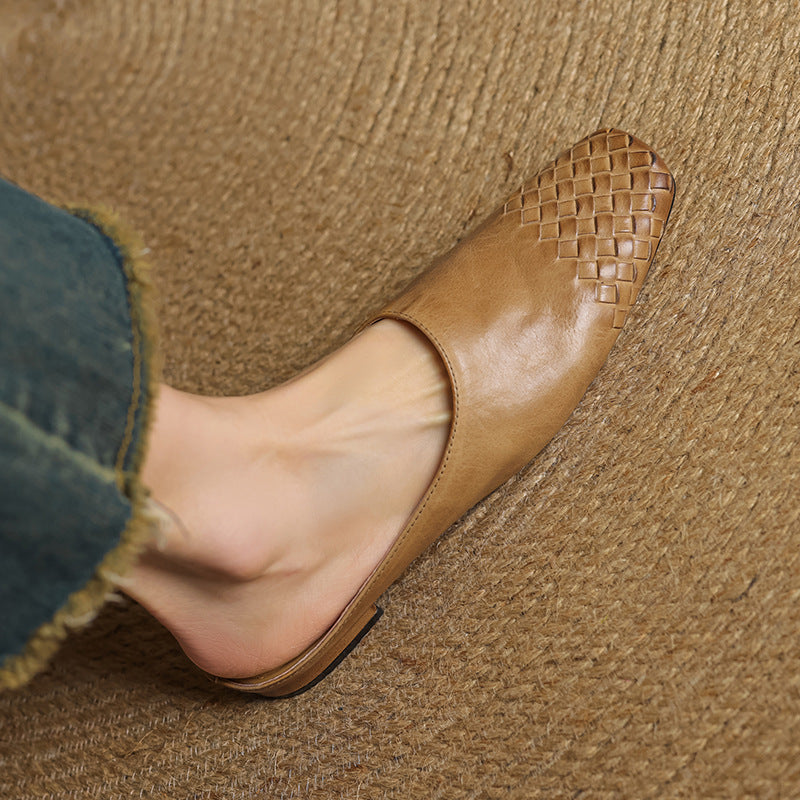 Square Toe Woven Detail Low Block Heel Mules