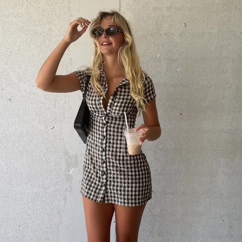 Gingham Plunge Collar Short Sleeve Button Front Shirt Mini Dress 4
