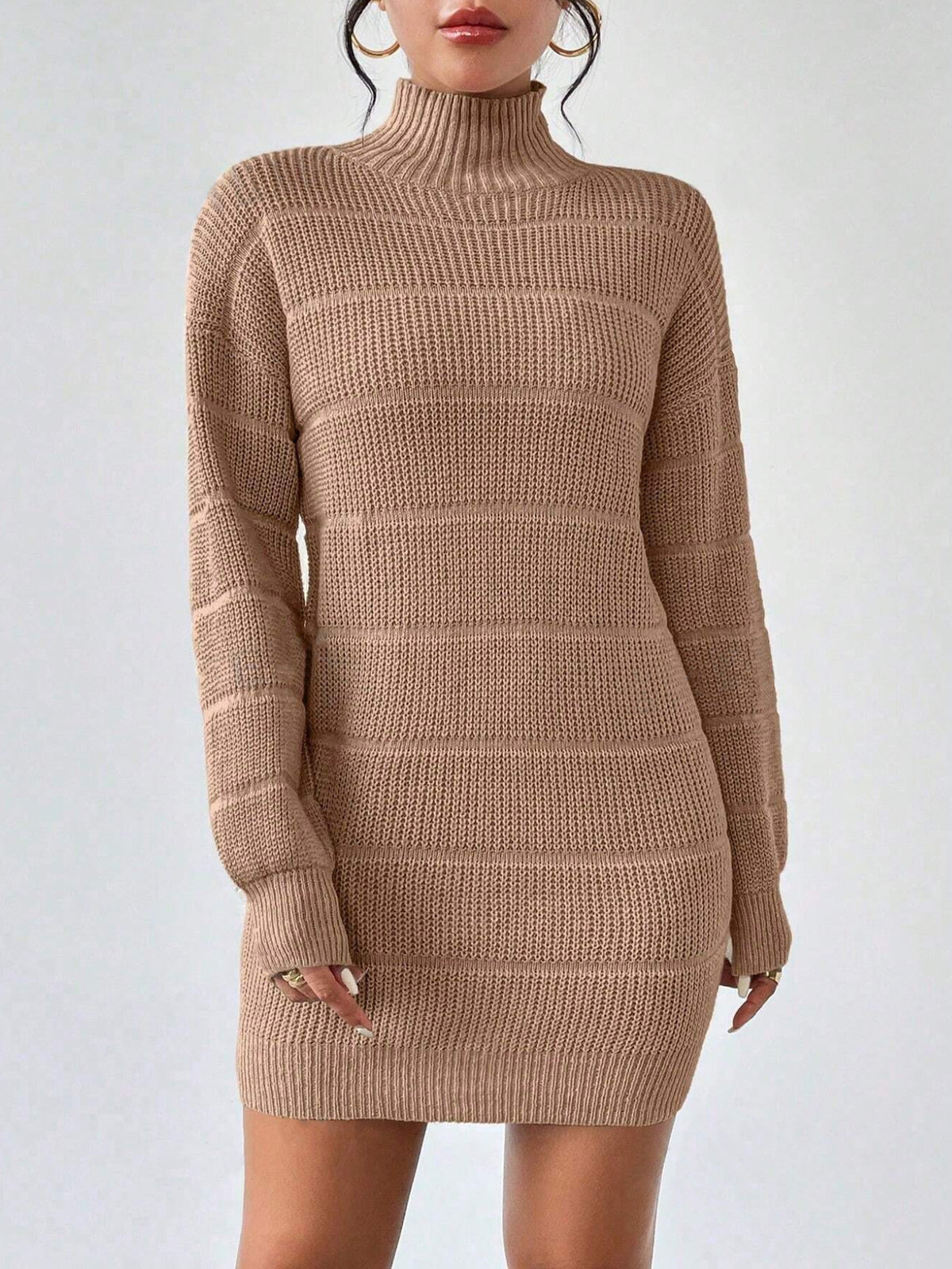 Mock Neck Long Sleeve Textured Knit Sweater Mini Dress 8