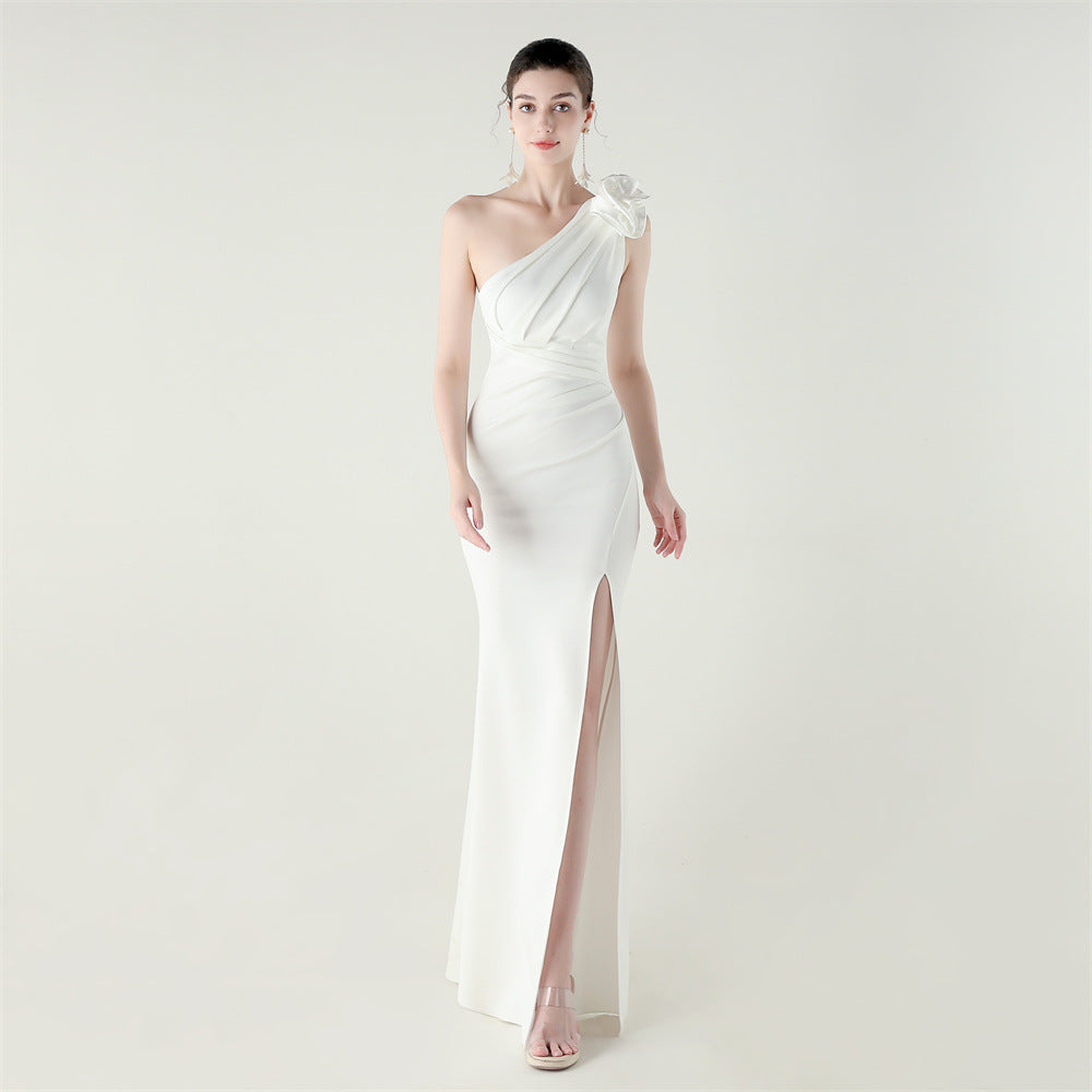 One Shoulder Three Dimensional Floral Satin Folding High Slit Sexy Evening Dress Dinner Wedding Social - FashionAxe