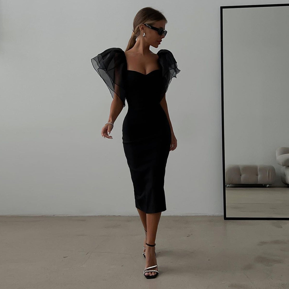 Sweetheart Neck Organza Ruffle Sleeve Bodycon Midi Dress 5
