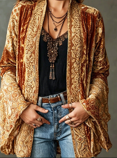 Paisley Velvet Boho Open Front Kimono Cardigan