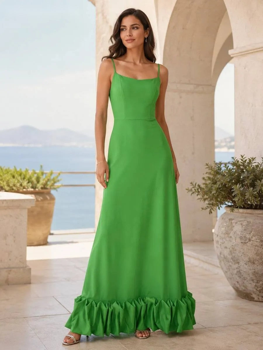 Spaghetti Strap Square Neck Bubble Ruffle Hem A-Line Maxi Dress 10