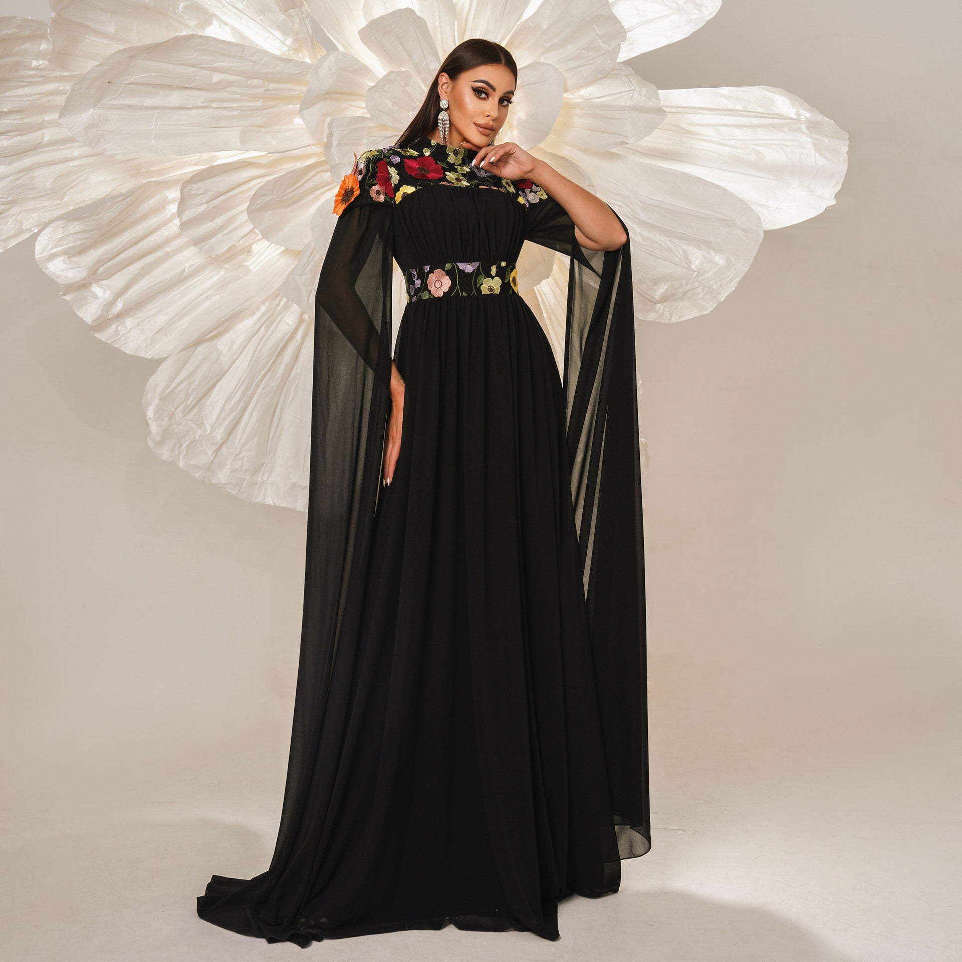 High Neck 3D Floral Applique Cape Sleeve Pleated Chiffon Maxi Gown