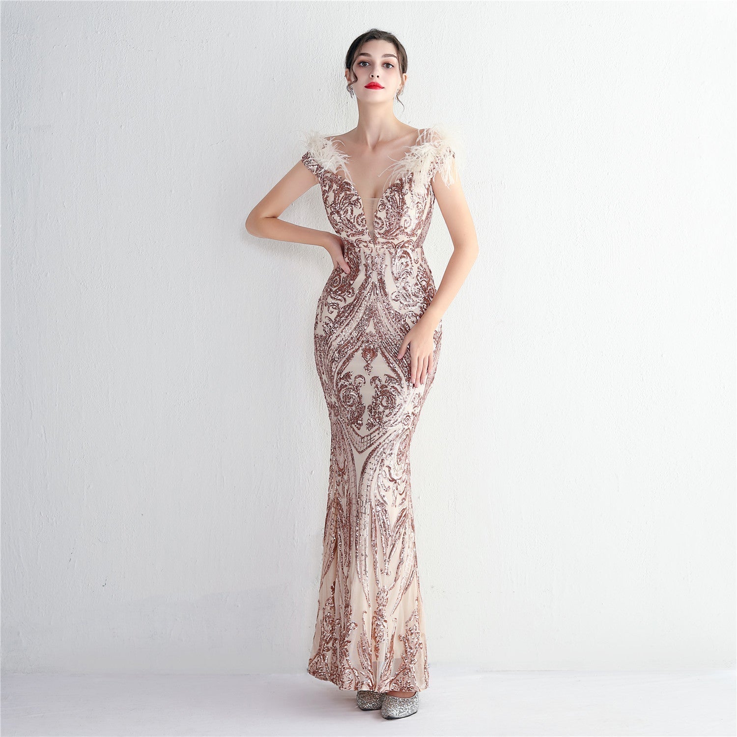 Off Shoulder Feather Deep V-Neck Sequin Mermaid Gown