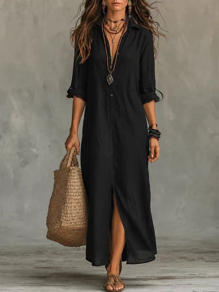 Collared Button Front Roll Tab Sleeve Front Split Maxi Shirt Dress 5