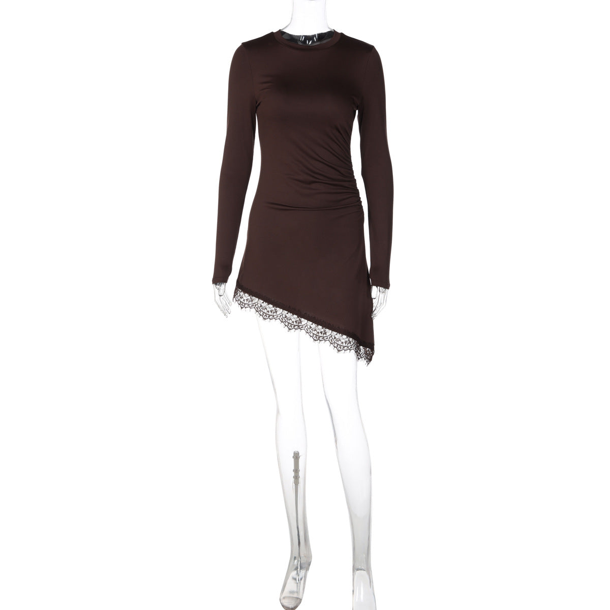 Round Neck Long Sleeve Ruched Lace Trim Asymmetric Hem Mini Dress 5