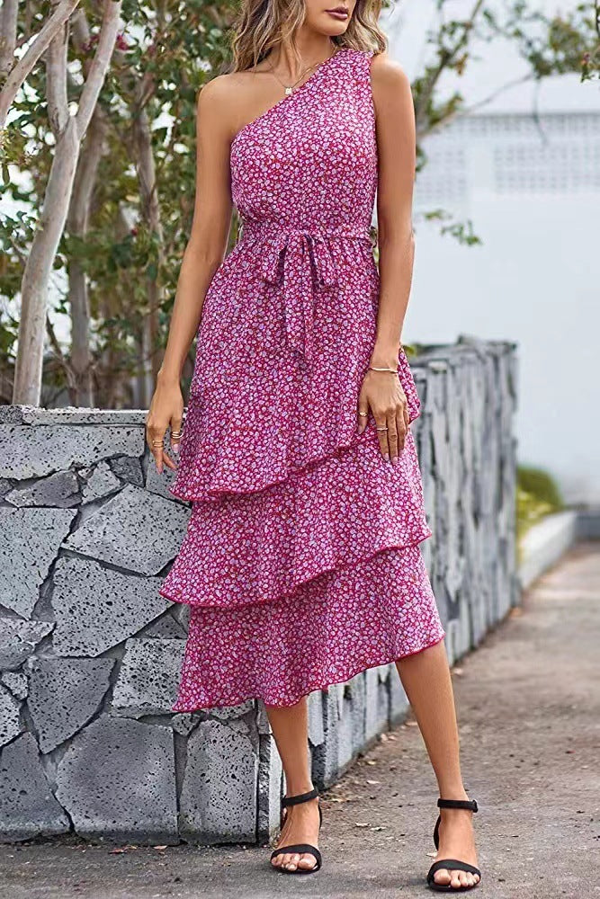 Ditsy Floral One Shoulder Tie Waist Tiered Ruffle Midi Dress 5