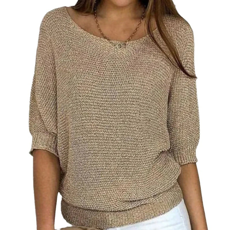 Boat Neck Short Sleeve Ribbed Hem Knit Sweater