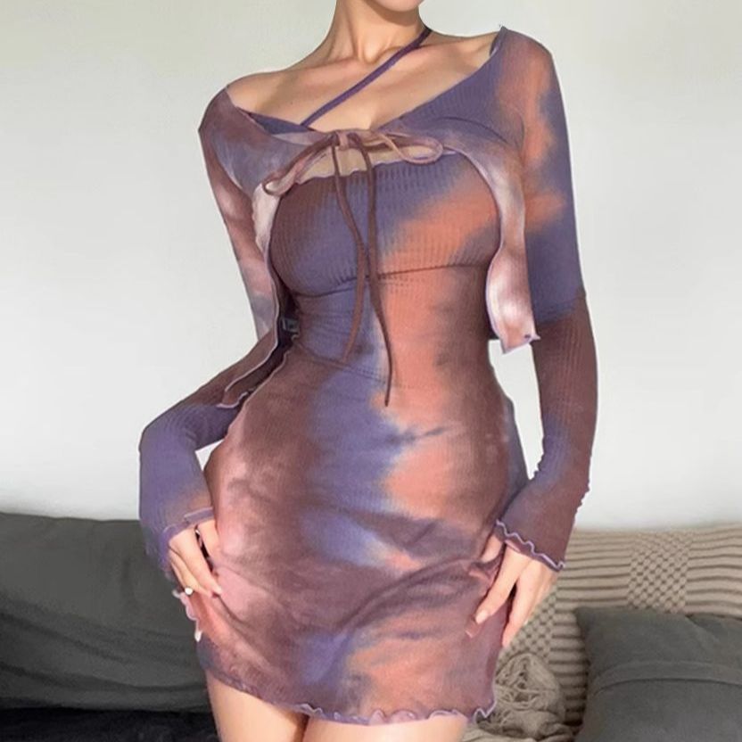 Tie-Dye Ribbed Knit Cami Mini Dress and Tie Front Shrug Two Piece Set 4