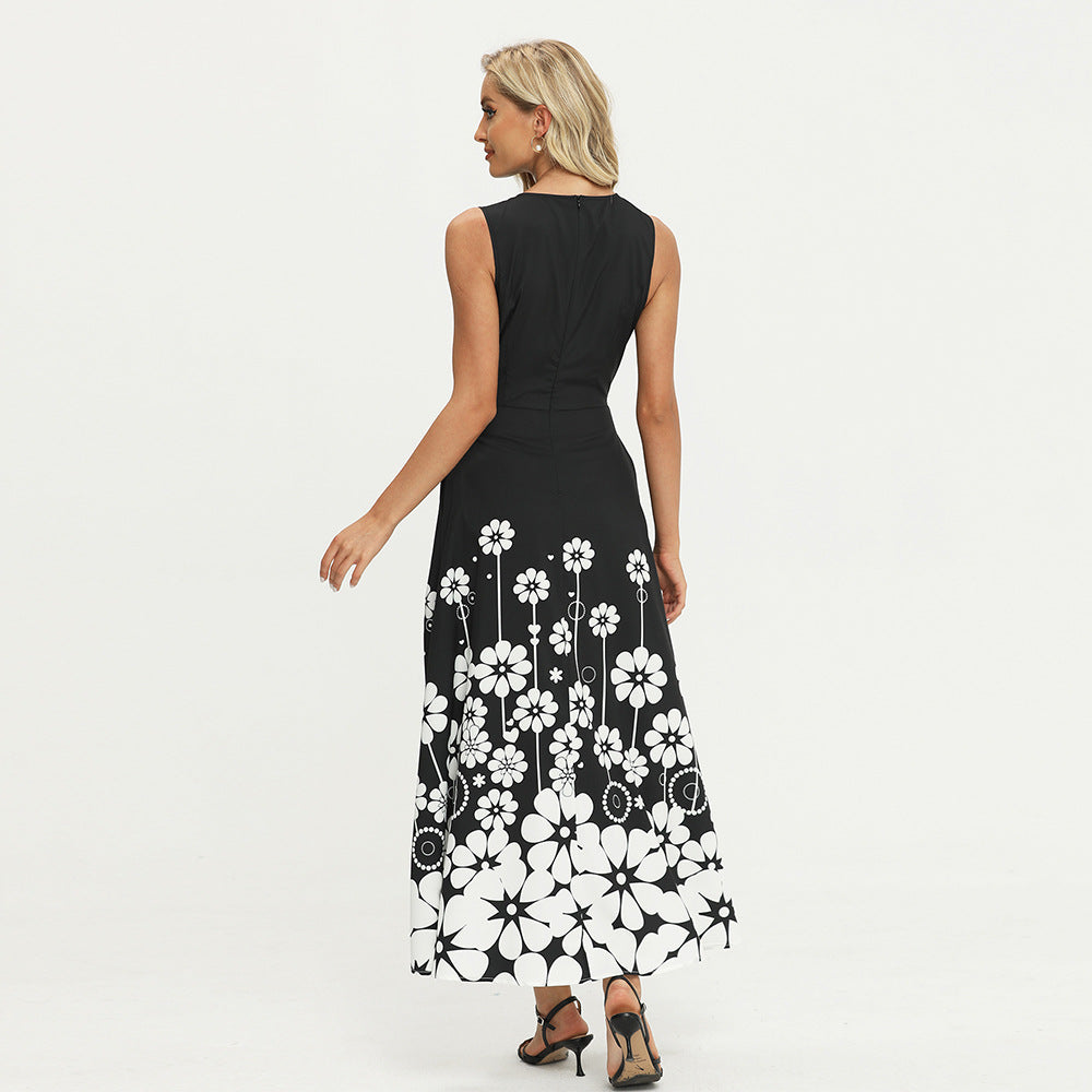 Printed Sleeveless Black Boho Dress
