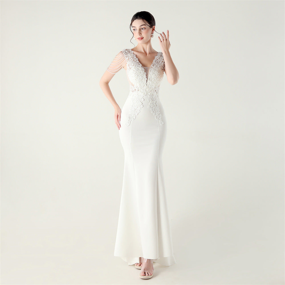 Satin Heavy Industry Beaded Three Dimensional Applique Boning Corset Waist-Tight Evening Dress Lace Tassels Design Cocktail Social Networking - FashionAxe
