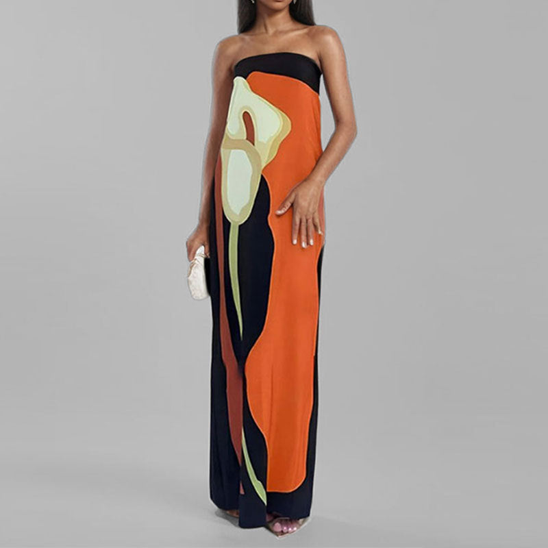 Strapless Floral Print Column Maxi Gown