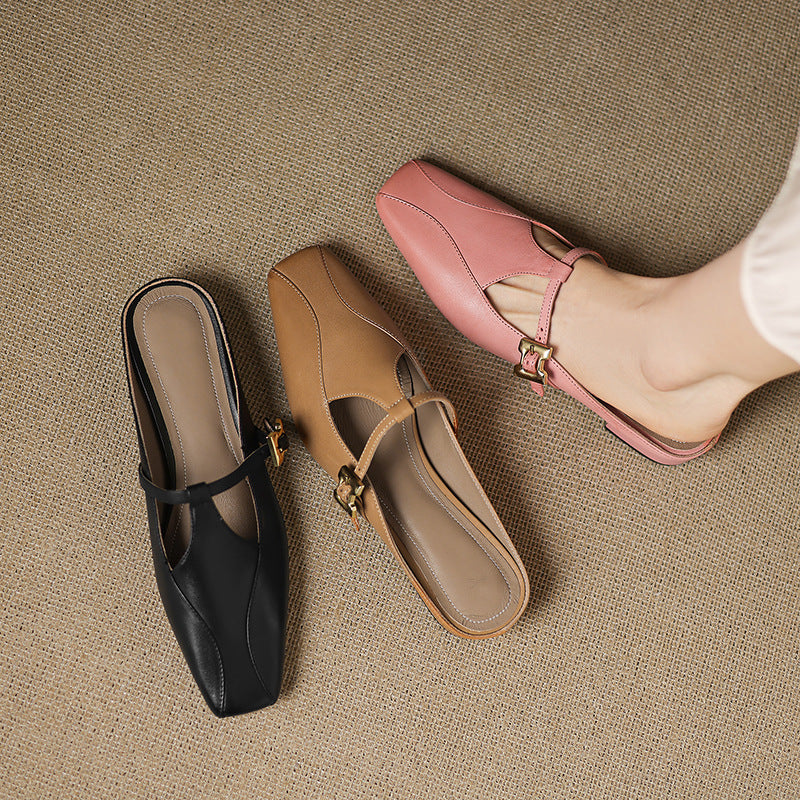 Square Toe Buckle Strap Low Block Heel Mules