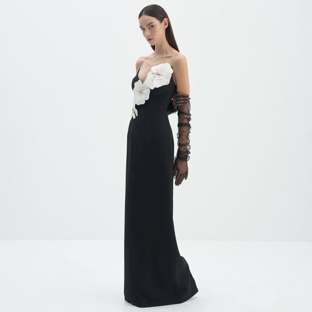 Black Tube Top Dress Floral Diamond Core Split off - Shoulder Design