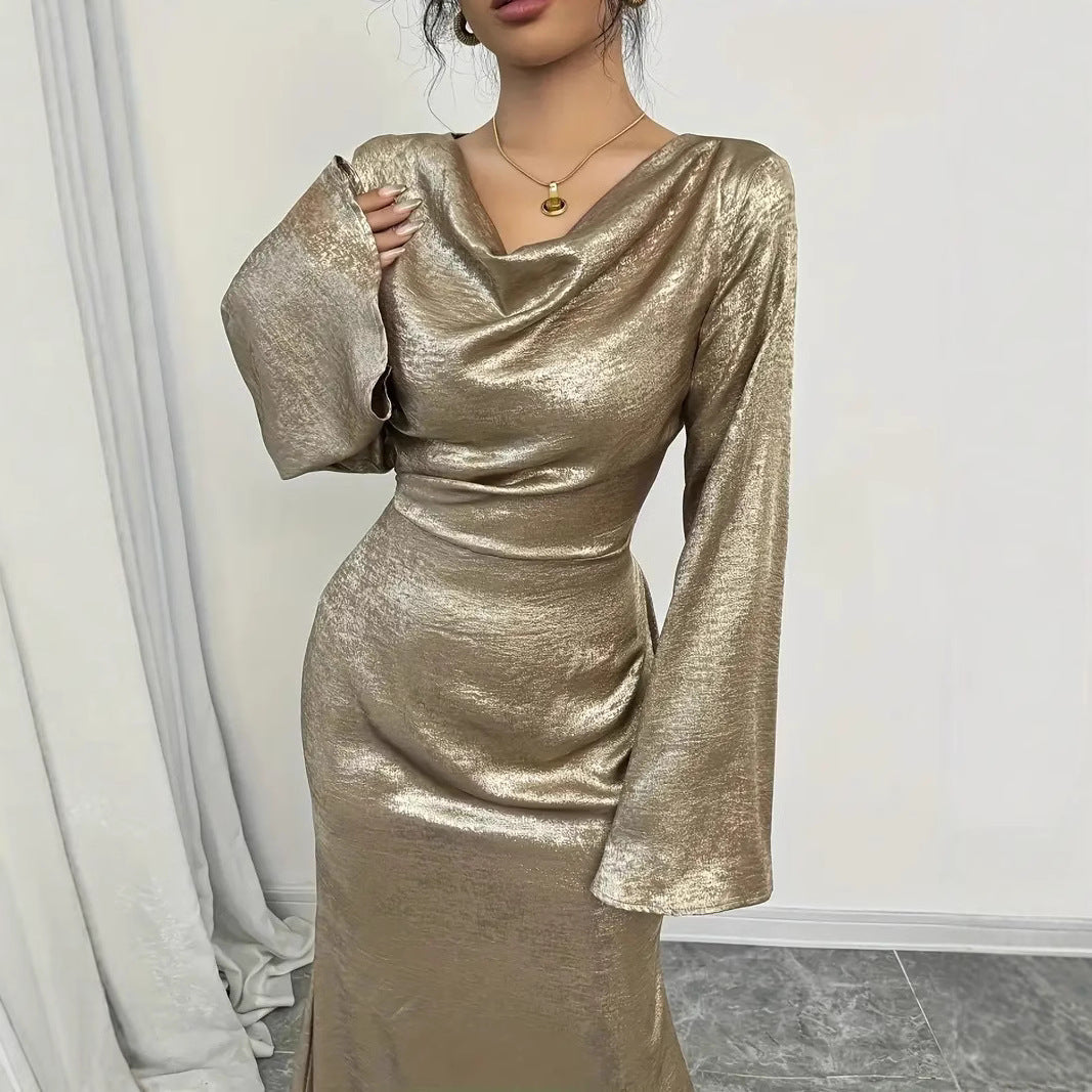 Metallic Cowl Neck Bell Sleeve Maxi Gown