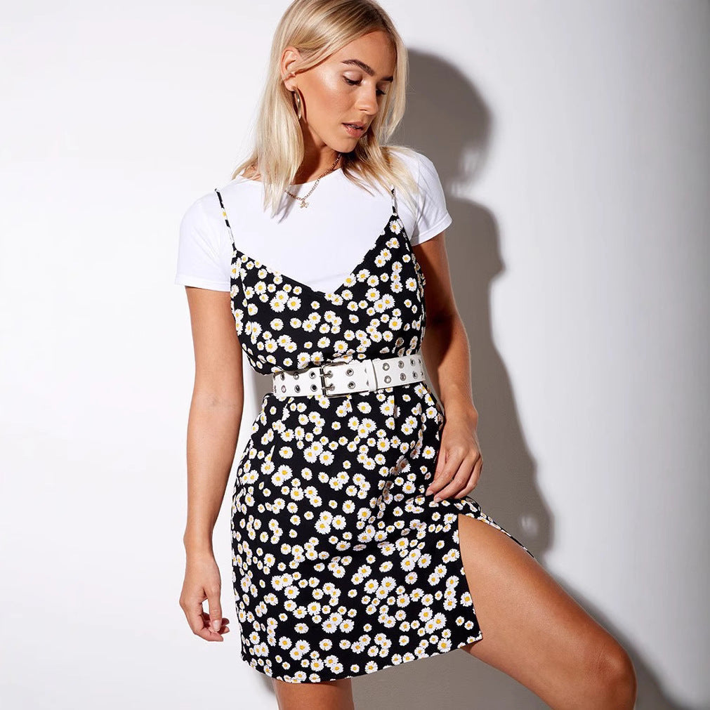 Daisy Print V-Neck Spaghetti Strap Side Split Cami Mini Dress