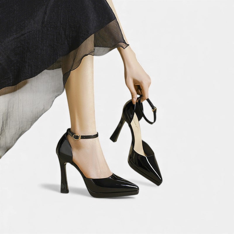 Patent Look Pointed Toe Ankle Strap Platform Stiletto Pumps