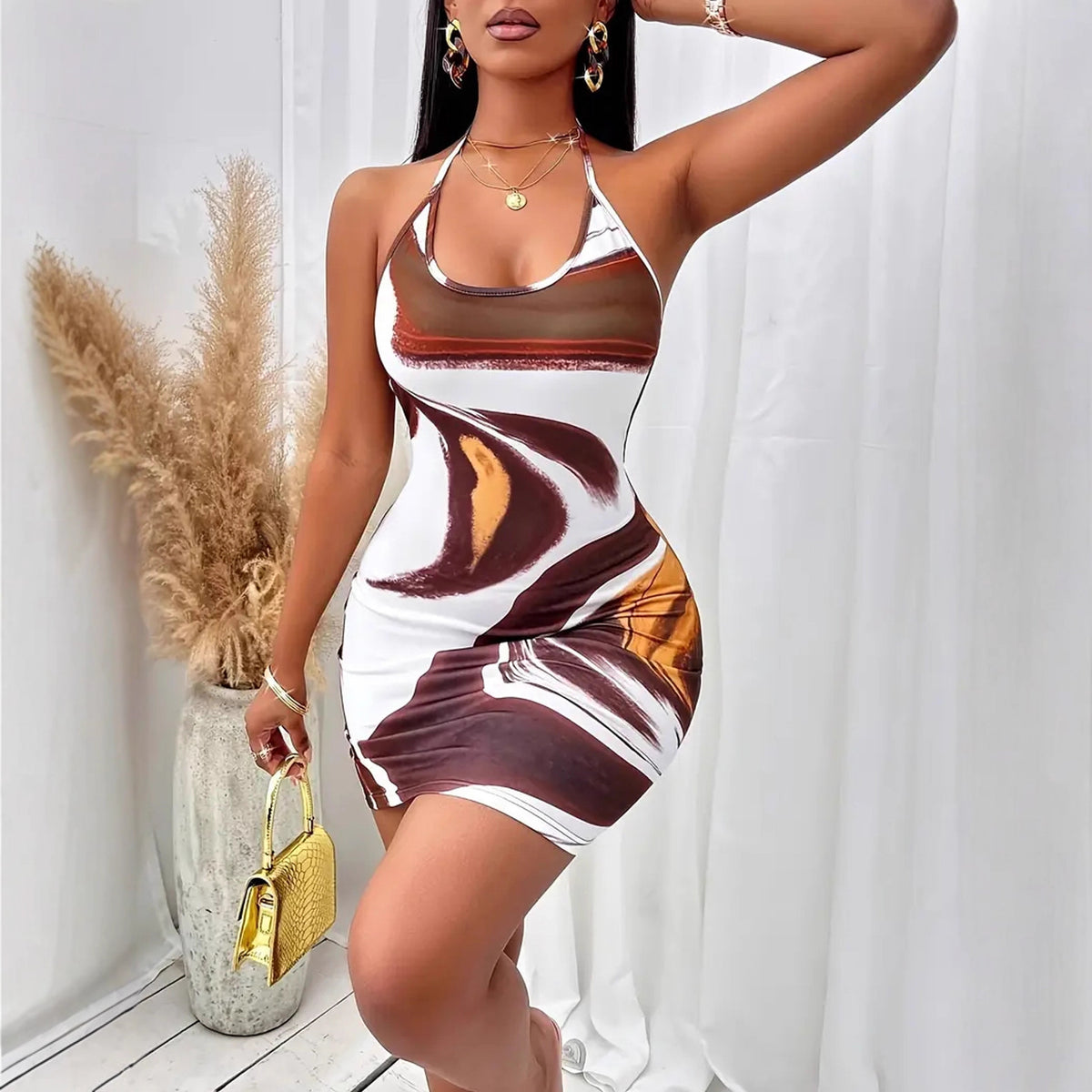 Abstract Print Halter Neck Backless Bodycon Mini Dress