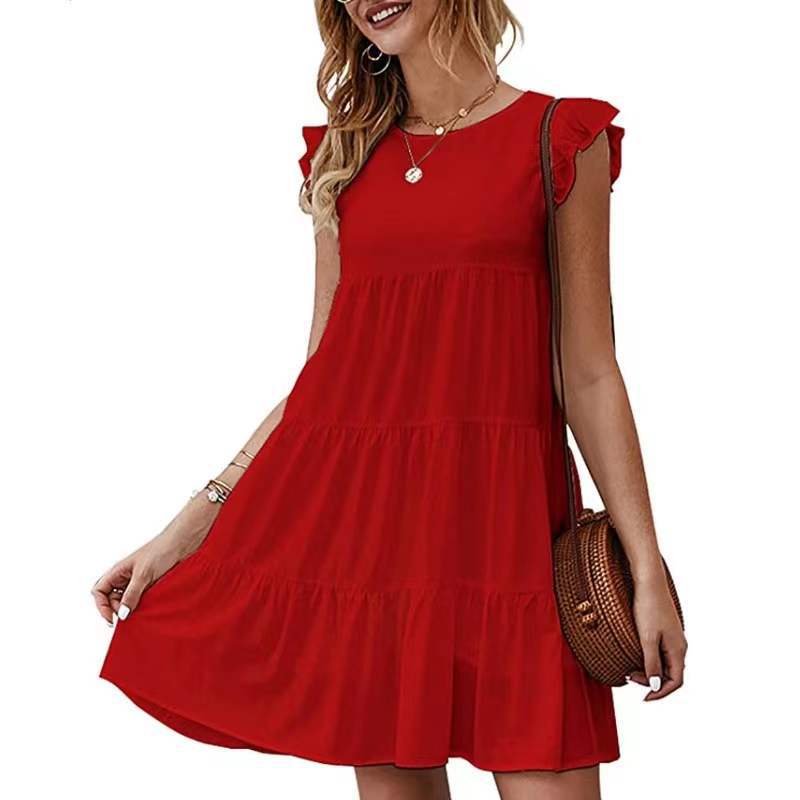 Round Neck Flutter Sleeve Tiered Swing Mini Dress 7
