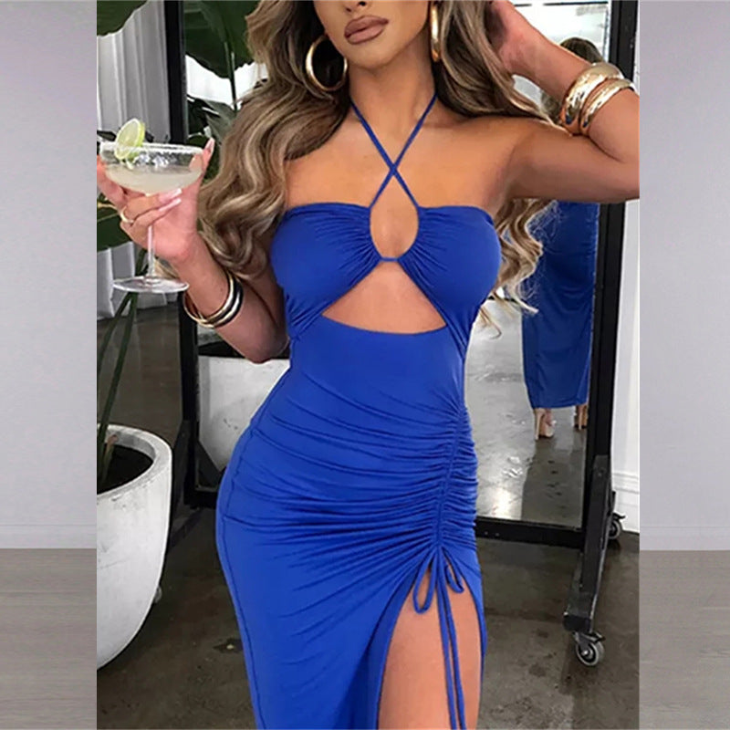 Crisscross Halter Neck Cut Out Ruched Drawstring Split Midi Dress 7