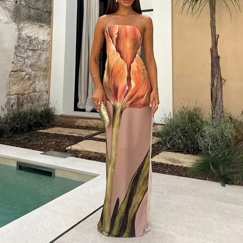 Strapless Floral Print Column Maxi Gown