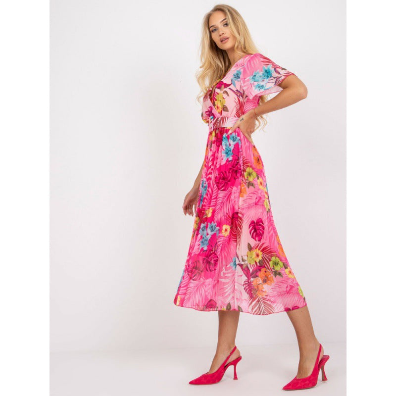 V-Neck Short Sleeve Floral Pleated Belted Midi Dress