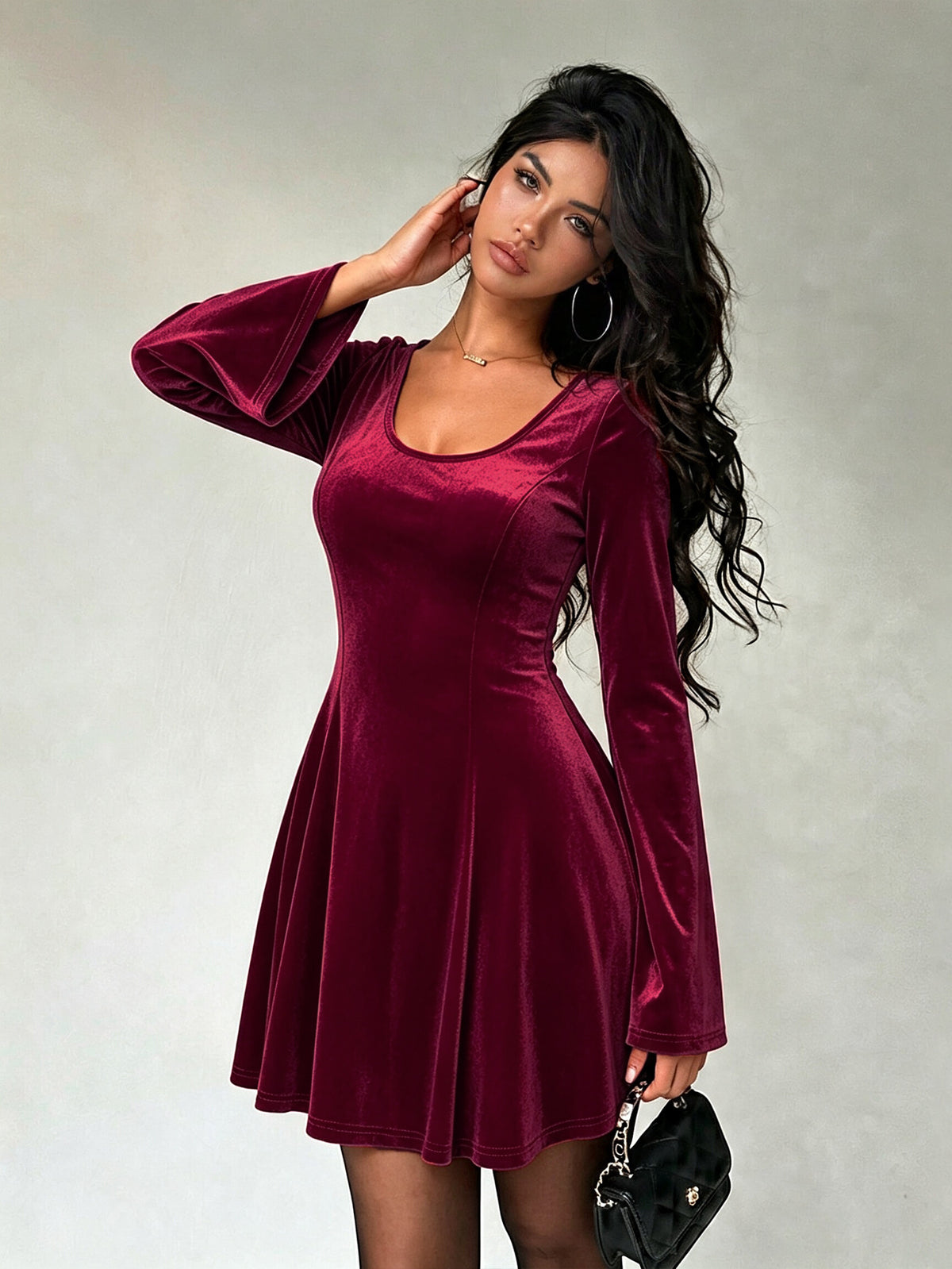 Velvet Scoop Neck Bell Sleeve Fit and Flare Mini Dress 2