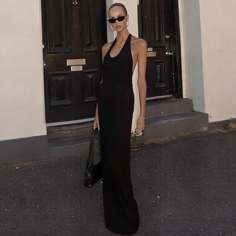 Women Sexy V neck Backless Stitching Halter Maxi Dress