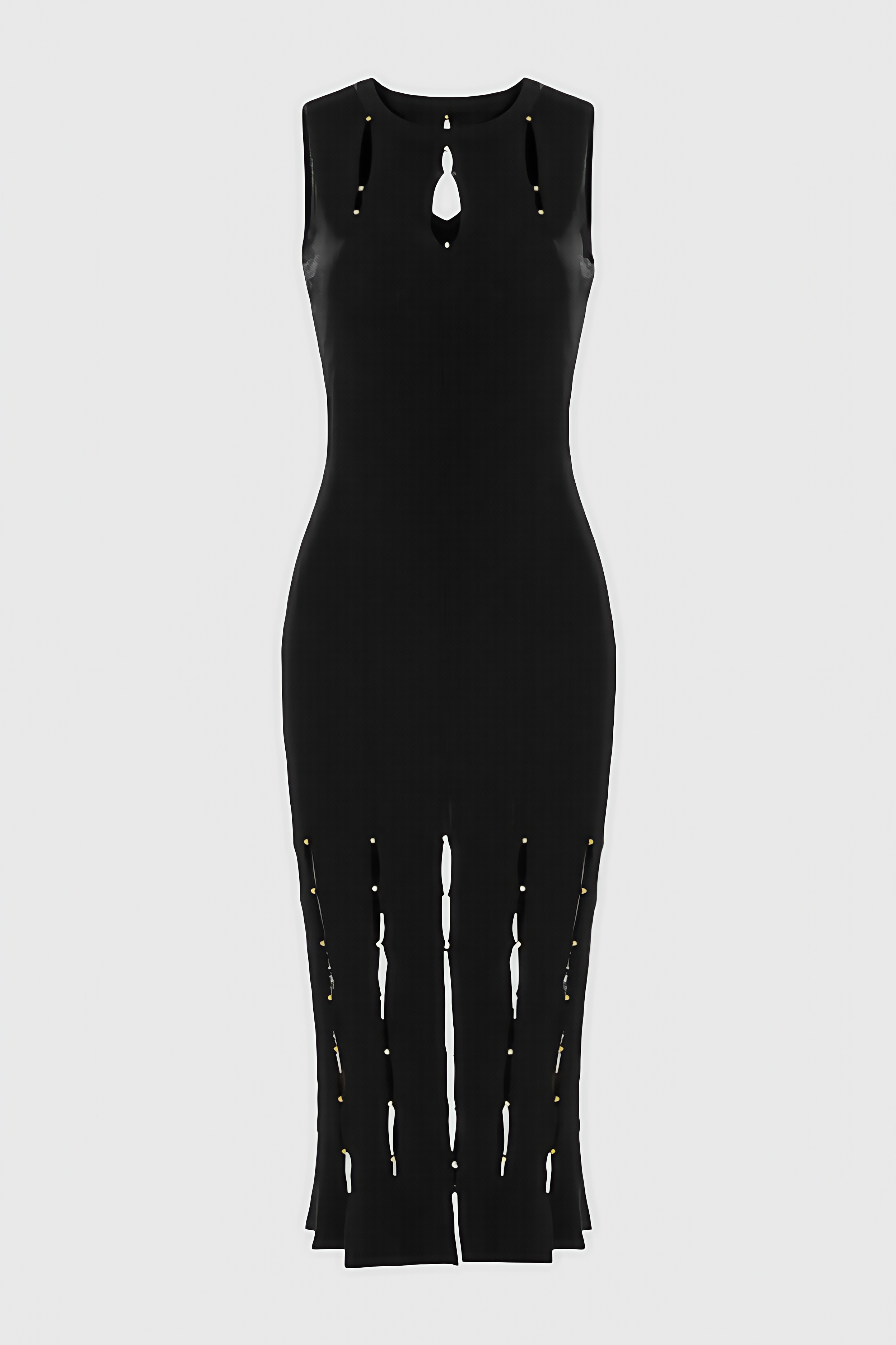 Beaded Openwork Caged Hem Rib Knit Sleeveless Bodycon Midi Dress