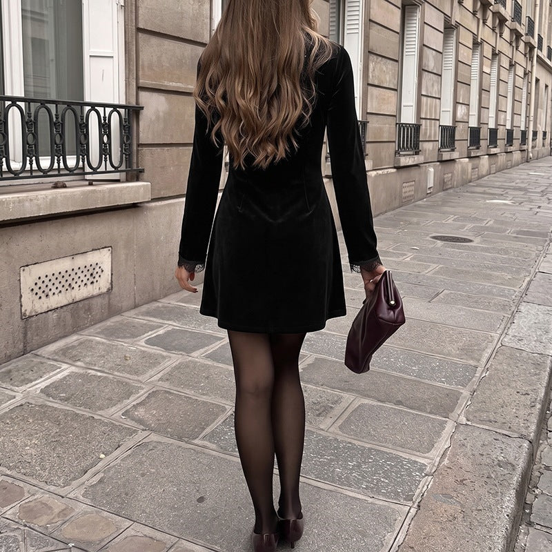 Autumn Winter Retro Office V neck Tight Waist Lace Long Sleeve Velvet Dress for Women