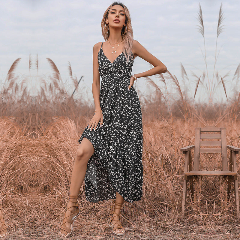 Floral Spaghetti Strap V-Neck Tiered High Split Midi Dress