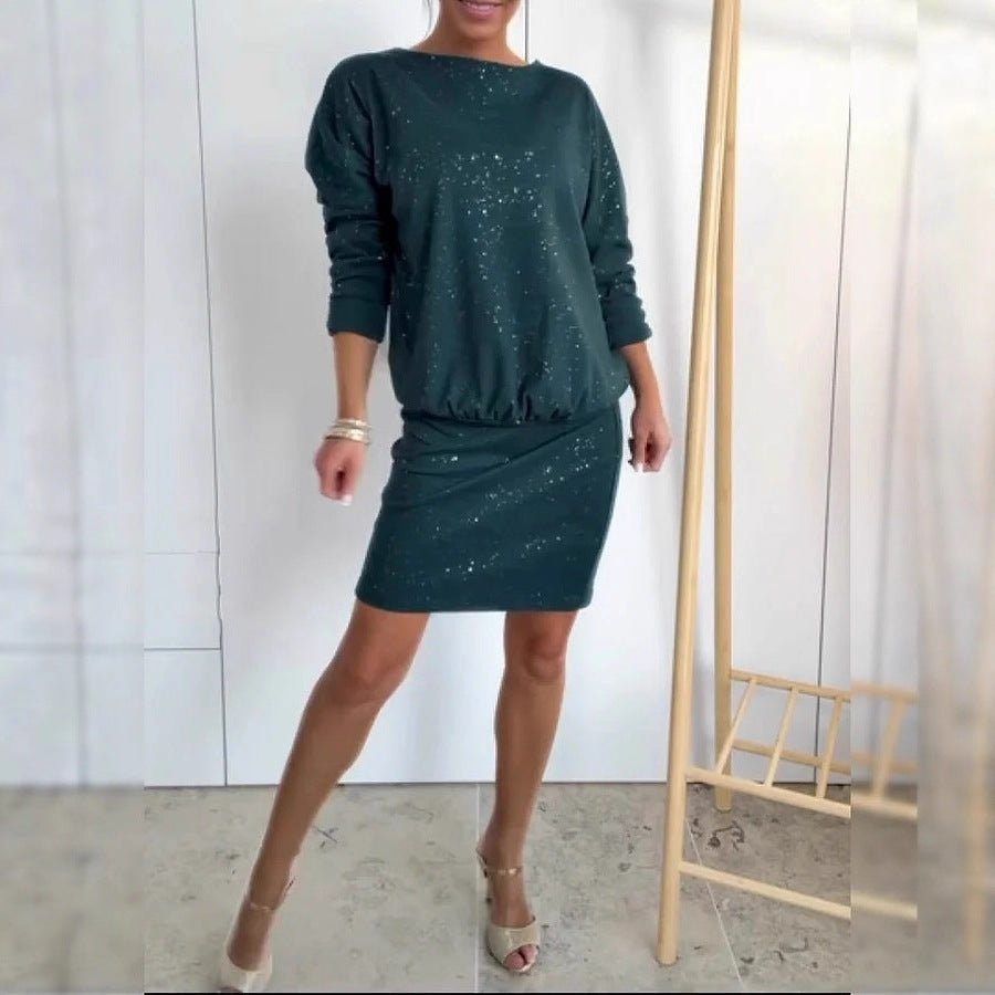 Glitter Speckle Round Neck Long Sleeve Shift Midi Dress 5