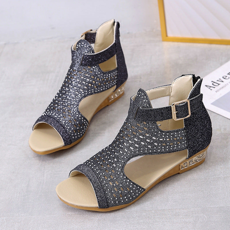 Open Toe Hollow Rhinestone Roman Sandals