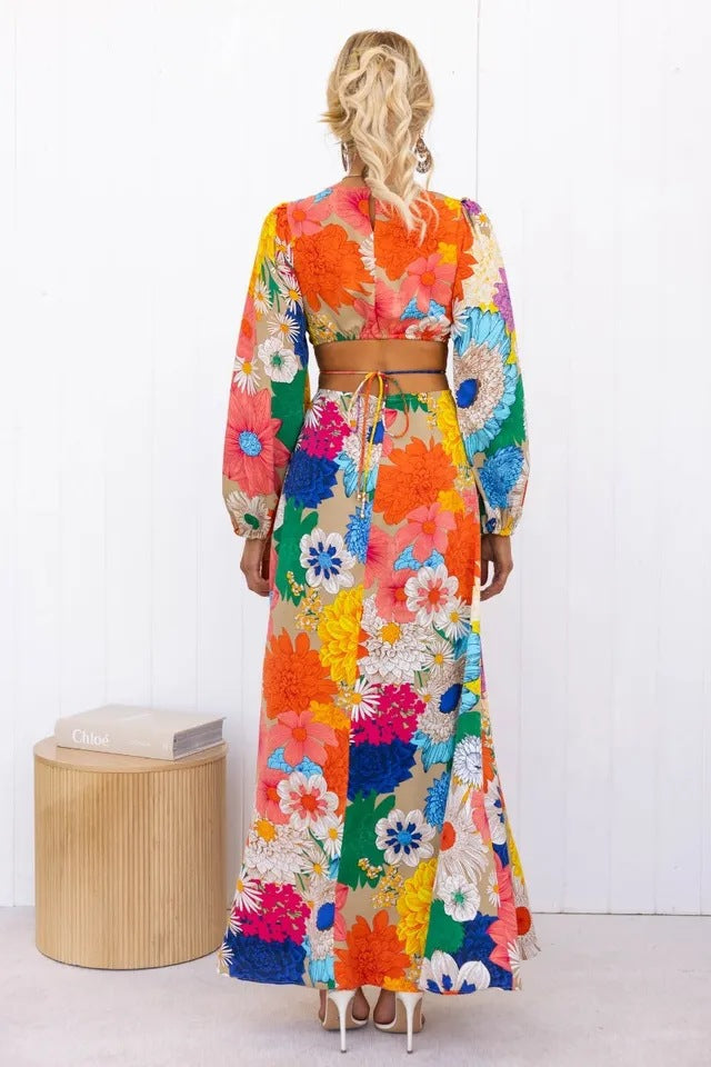 Floral Print Puff Sleeve Cut Out Waist Summer Maxi Dress