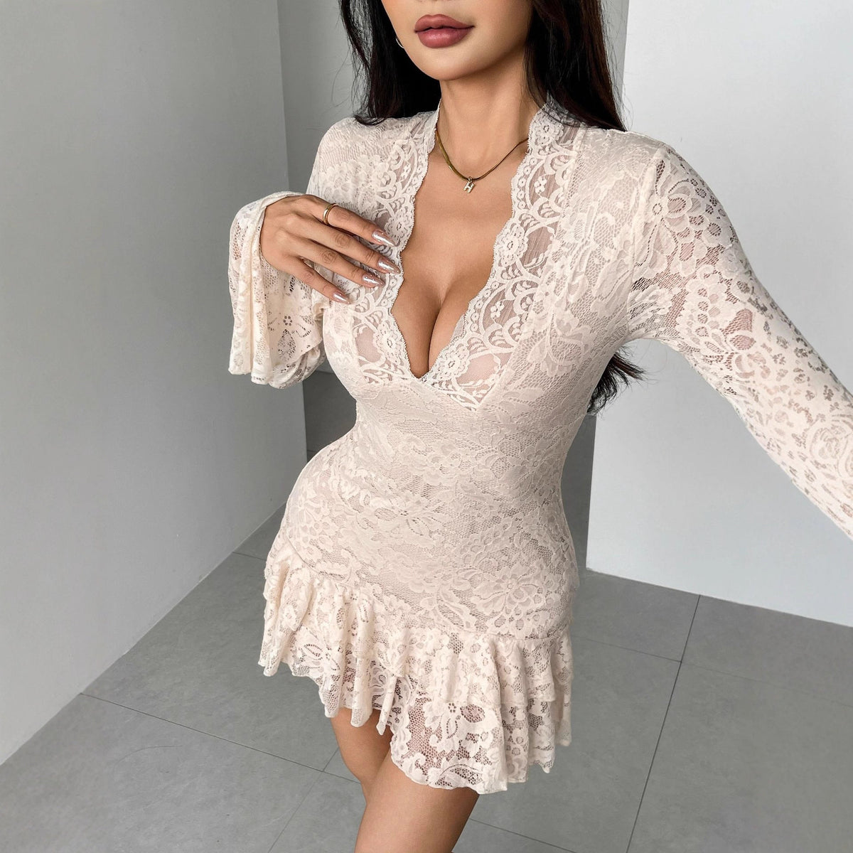 Lace Deep V-Neck Flare Sleeve Tiered Ruffle Hem Mini Dress