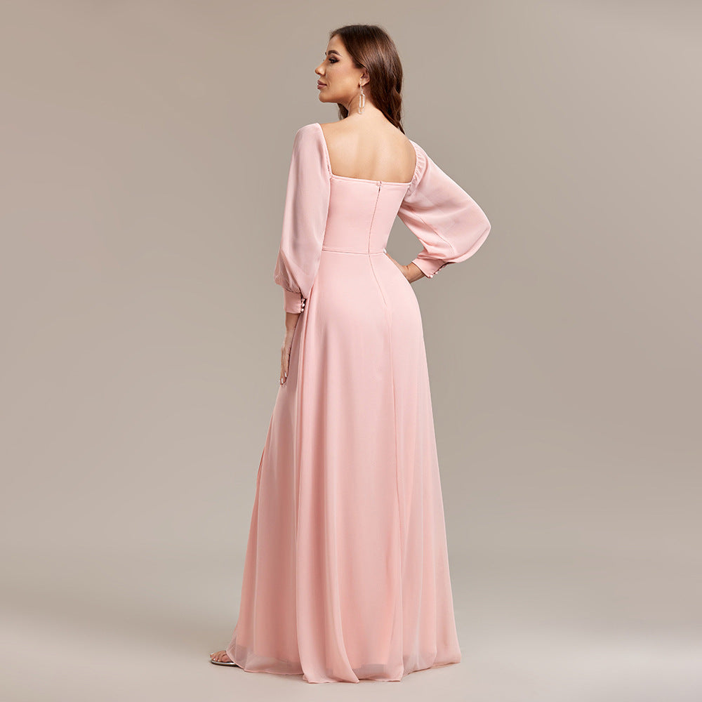 Chiffon Off Shoulder Puff Sleeve High Split A-Line Maxi Dress