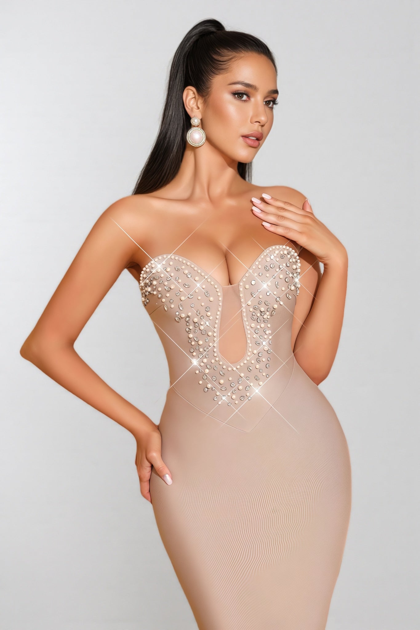 Pearl Rhinestone Sweetheart Plunge Illusion Mesh Bandage Mermaid Maxi Gown