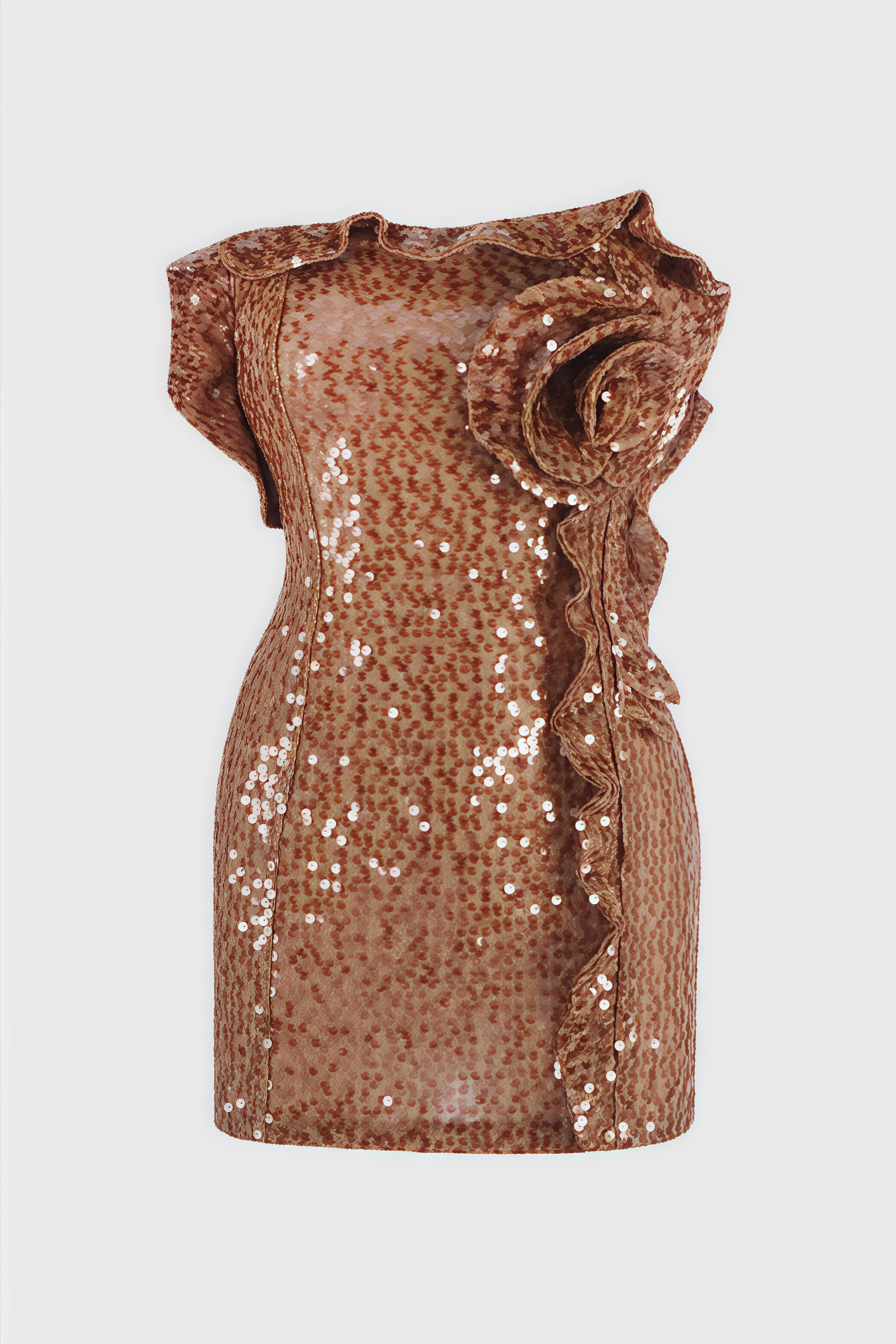 Sequin Strapless 3D Rosette Ruffle Bodycon Mini Dress