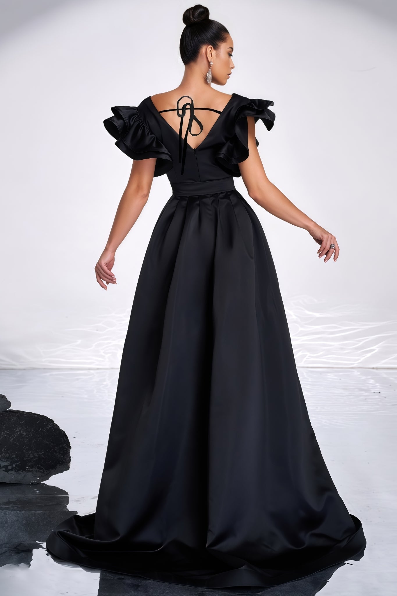 Floral Brocade V-Neck Ruffle Sleeve Mermaid Maxi Gown