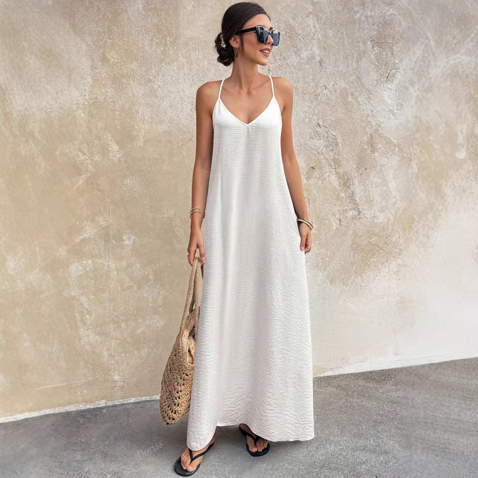 Casual Solid Color V neck Backless Sexy Sleeveless Strap Elegant Dress