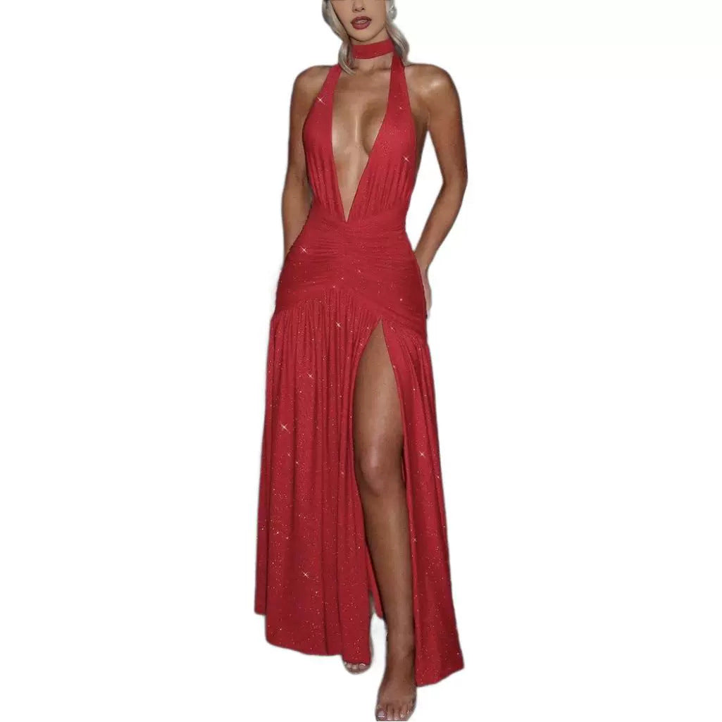Deep V-Neck Halter Ruched High Split Glitter Maxi Dress