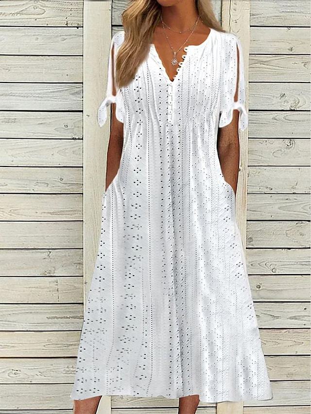 Eyelet Hollow Out V-Neck Button Front Tie Cuff Pocket A-Line Midi Dress