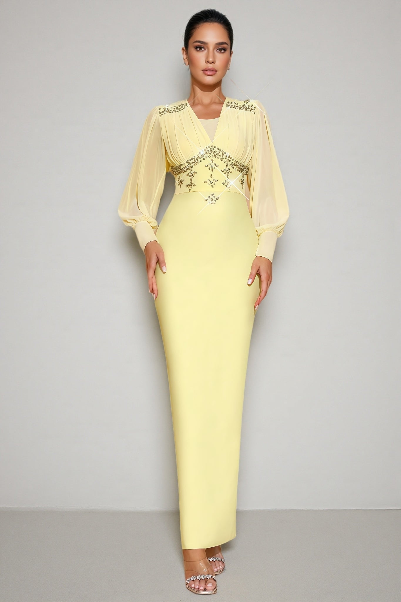 Euopa Yellow Rhinestone Maxi Dress - View 3