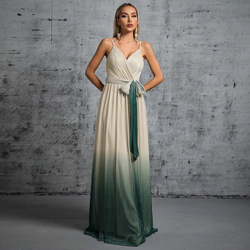 Spaghetti Strap V-Neck Backless Lace Up A-Line Maxi Gown