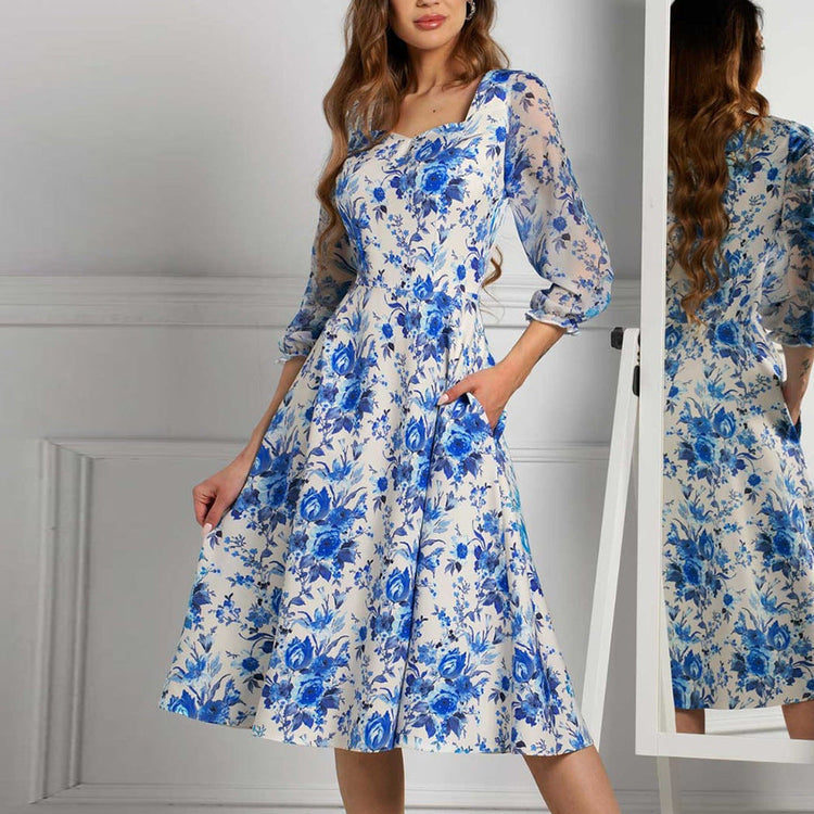 Printed square neck elegant dress