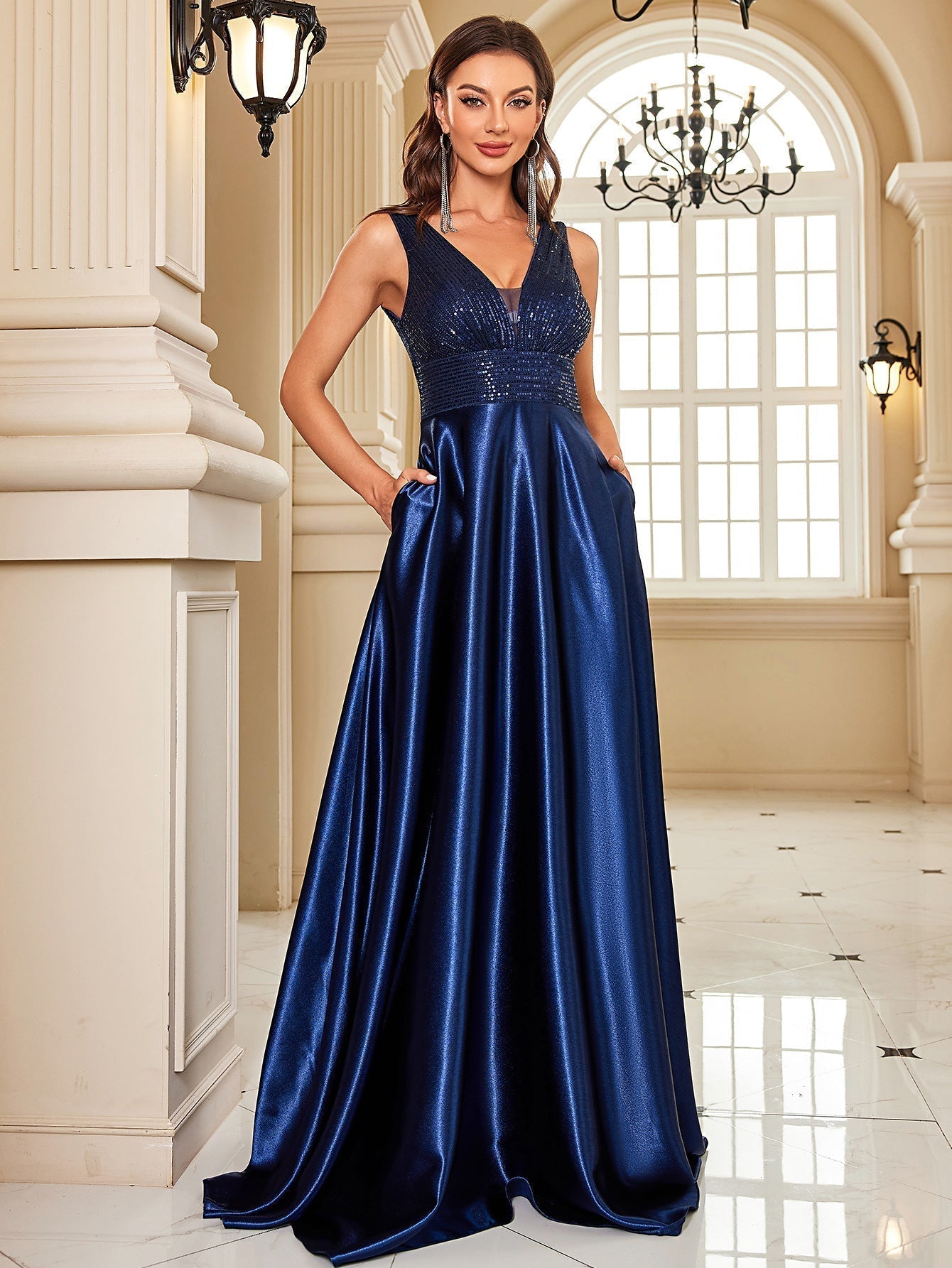 Sequin V-Neck Satin A-Line Maxi Dress
