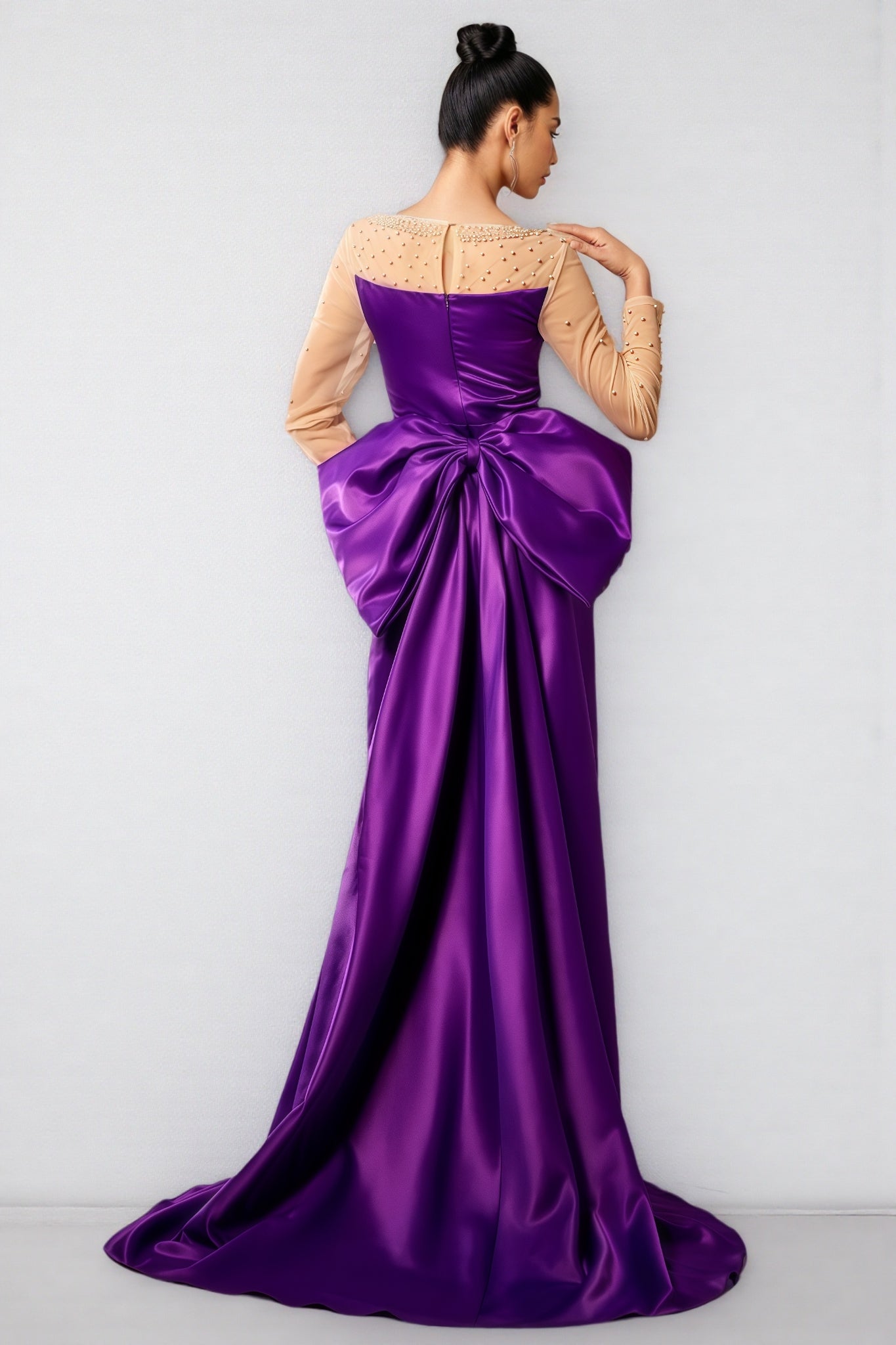 Pearl Embellished Sheer Mesh Yoke Long Sleeve Sweetheart Hip Bow Maxi Gown